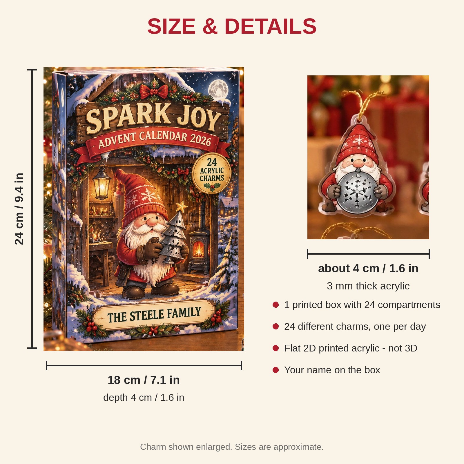 Personalized Welder Gnome advent calendar box with 24 flat acrylic Christmas charms: box and charm sizes