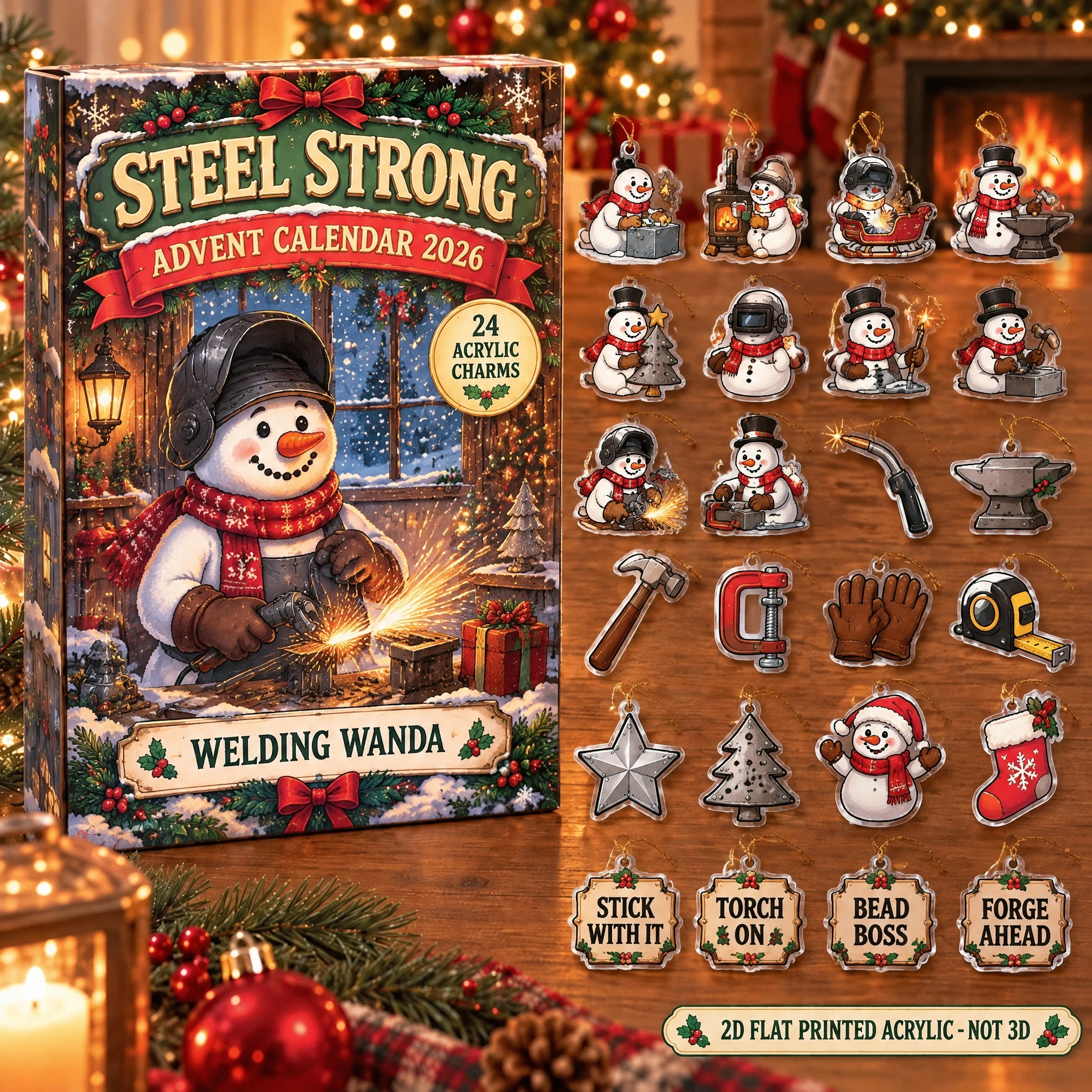 Personalized Welder Snowman advent calendar box with 24 flat acrylic Christmas charms