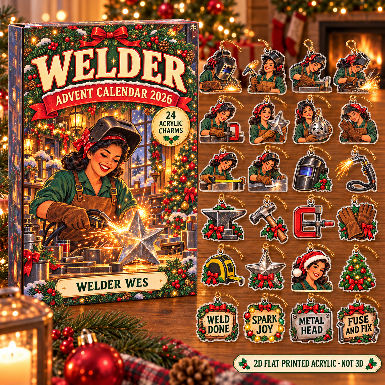Personalized Vintage Welder advent calendar box with 24 flat acrylic Christmas charms