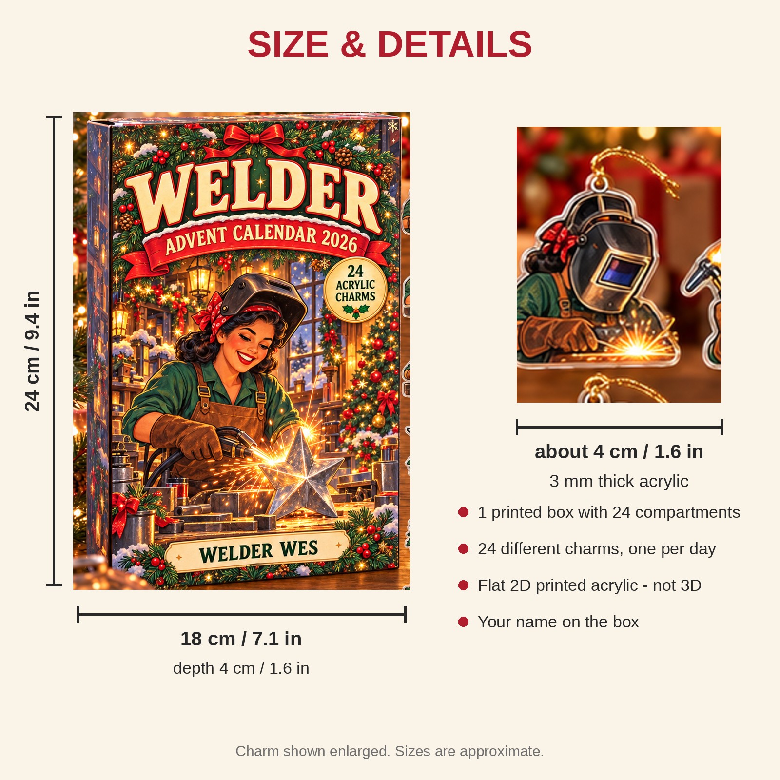 Personalized Vintage Welder advent calendar box with 24 flat acrylic Christmas charms: box and charm sizes