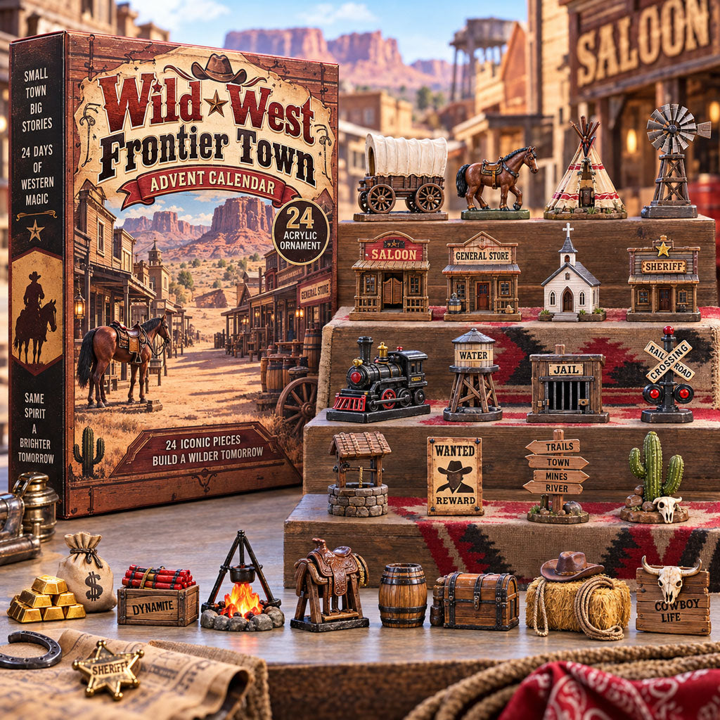 Wild West Frontier Town advent calendar box with 24 acrylic Christmas charms