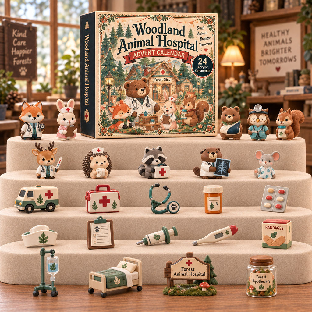 Woodland Animal Hospital advent calendar box with 24 acrylic Christmas charms