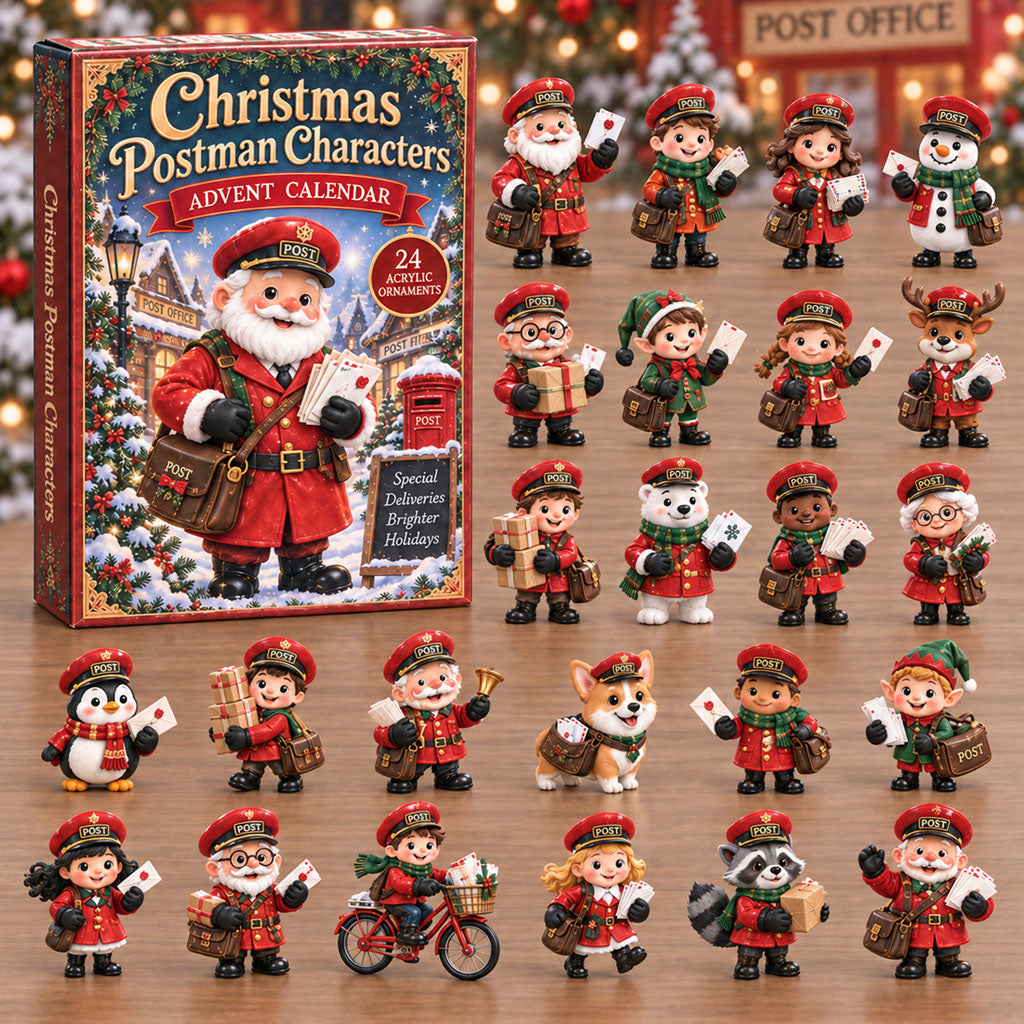 Woodland Postman advent calendar box with 24 acrylic Christmas charms