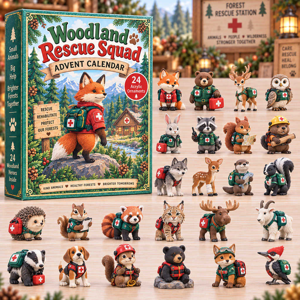 Woodland Rescue Squad advent calendar box with 24 acrylic Christmas charms