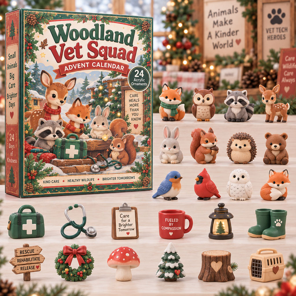 Woodland Vet Squad advent calendar box with 24 acrylic Christmas charms