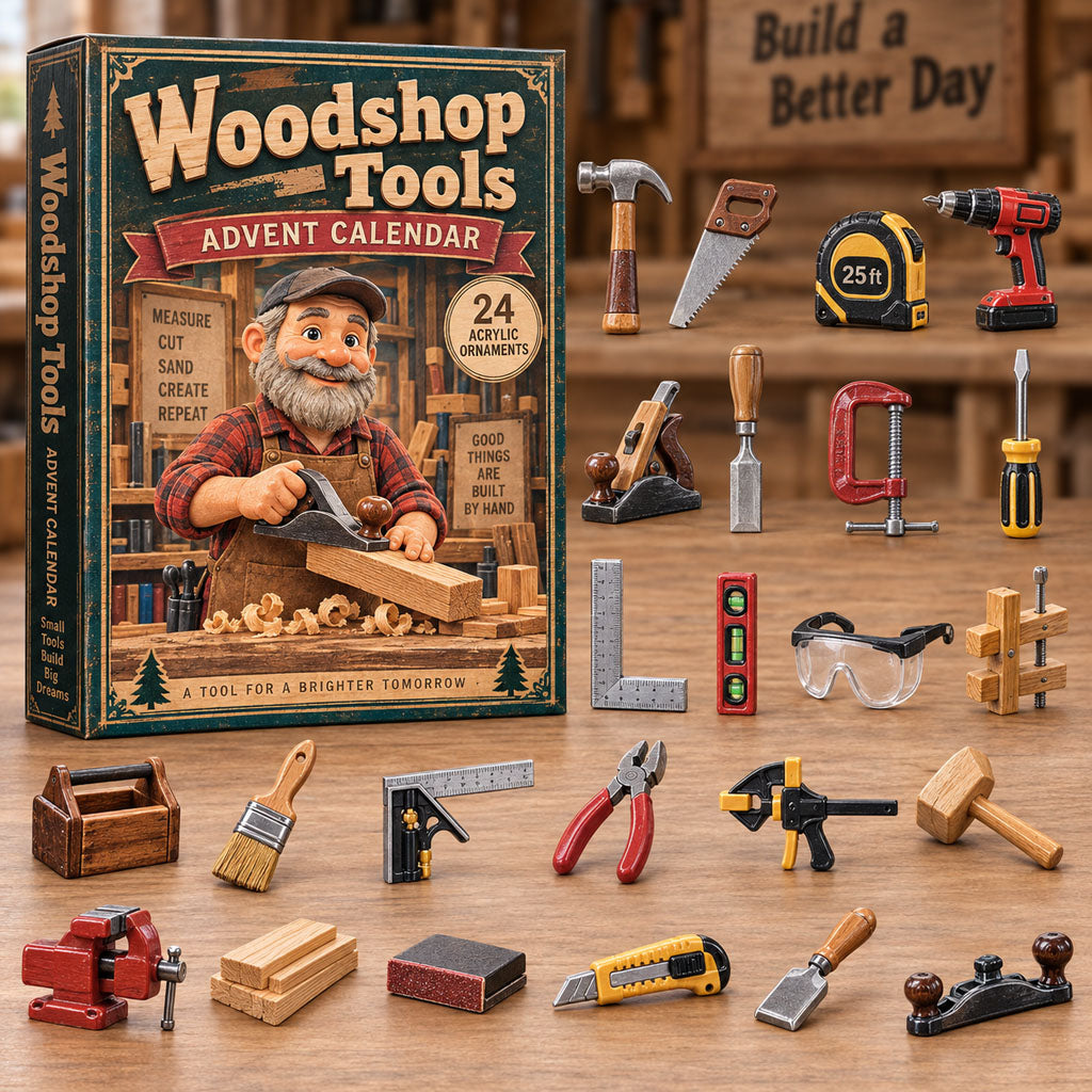 Woodshop Tools advent calendar box with 24 acrylic Christmas charms