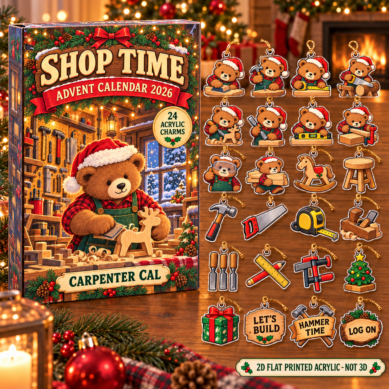 Personalized Woodworker Bear advent calendar box with 24 flat acrylic Christmas charms