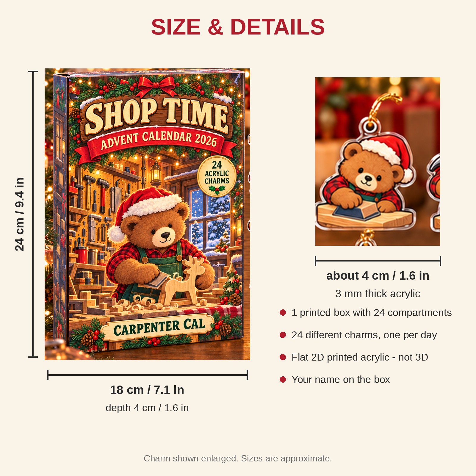 Personalized Woodworker Bear advent calendar box with 24 flat acrylic Christmas charms: box and charm sizes