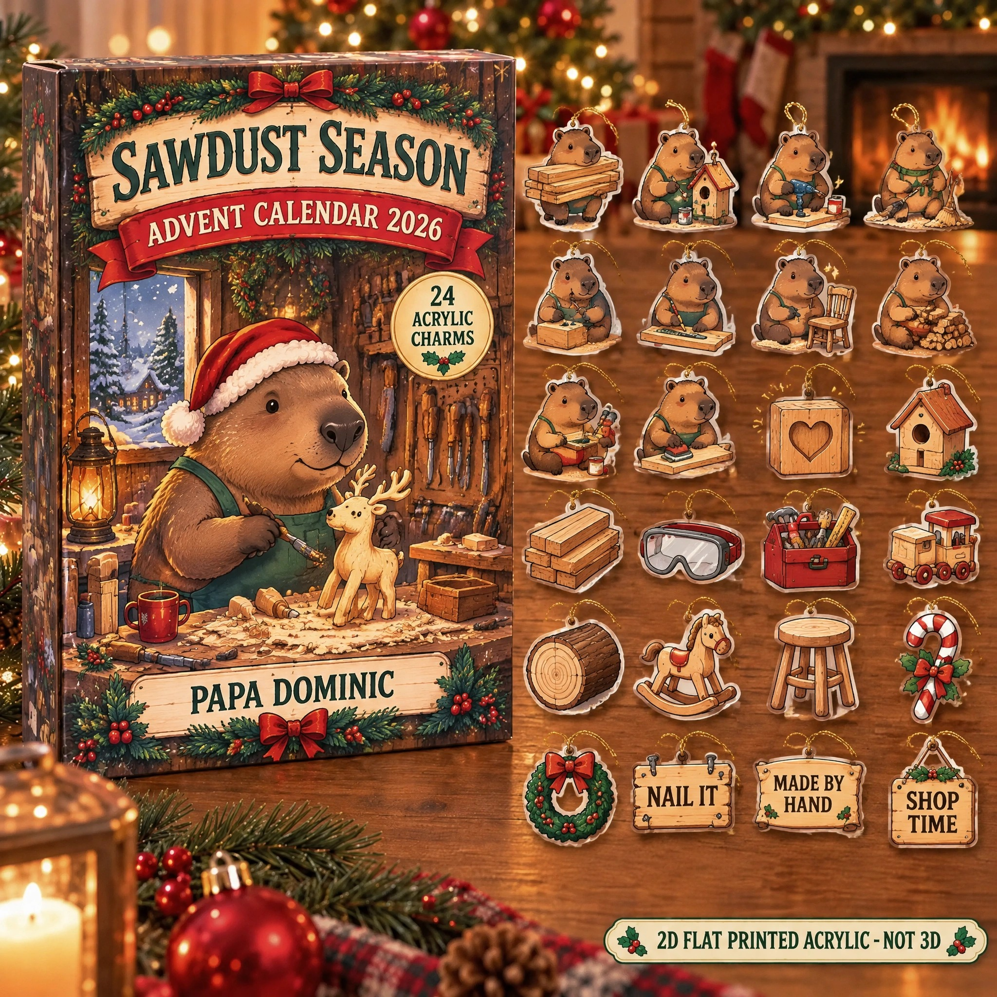Personalized Woodworker Capybara advent calendar box with 24 flat acrylic Christmas charms