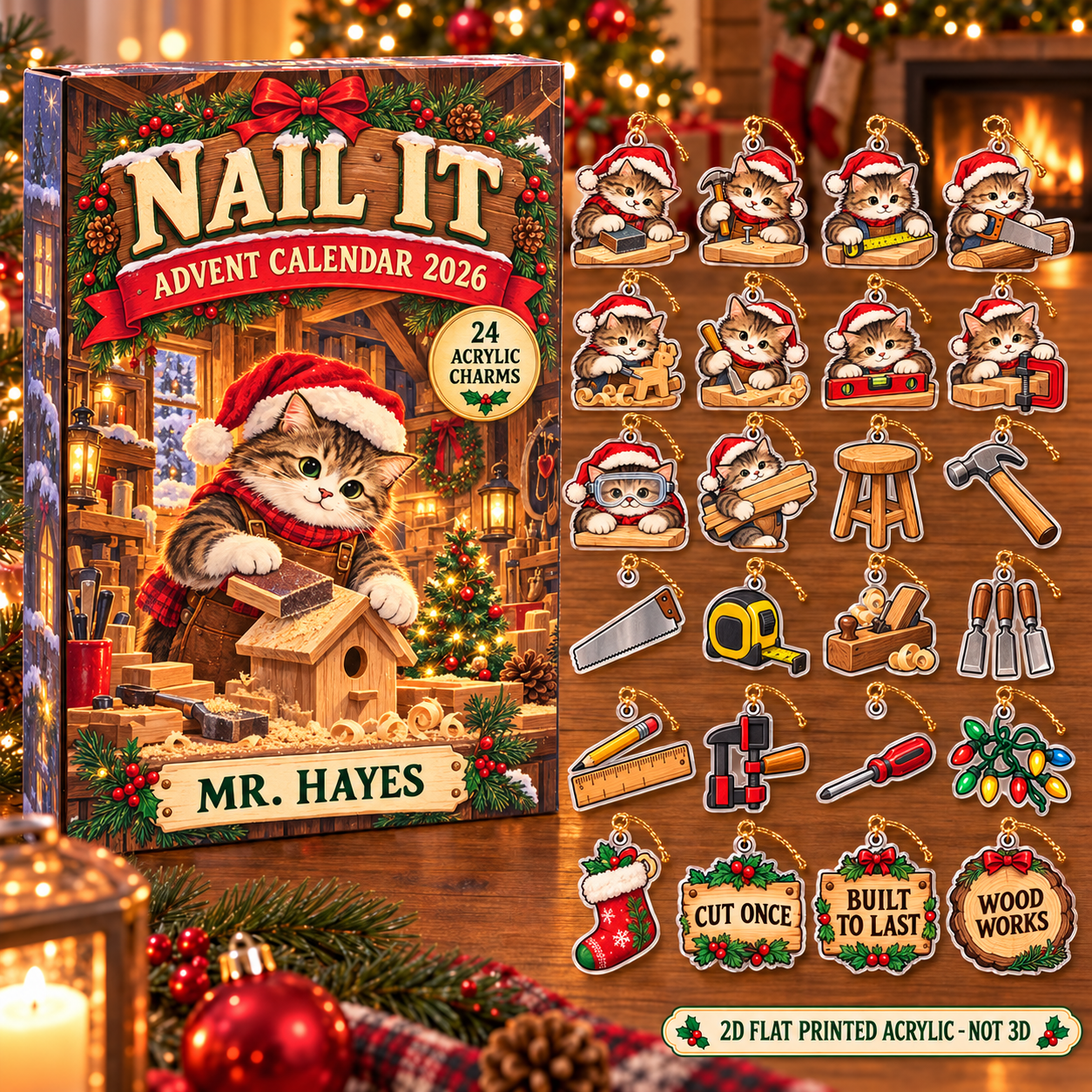 Personalized Woodworker Cat advent calendar box with 24 flat acrylic Christmas charms