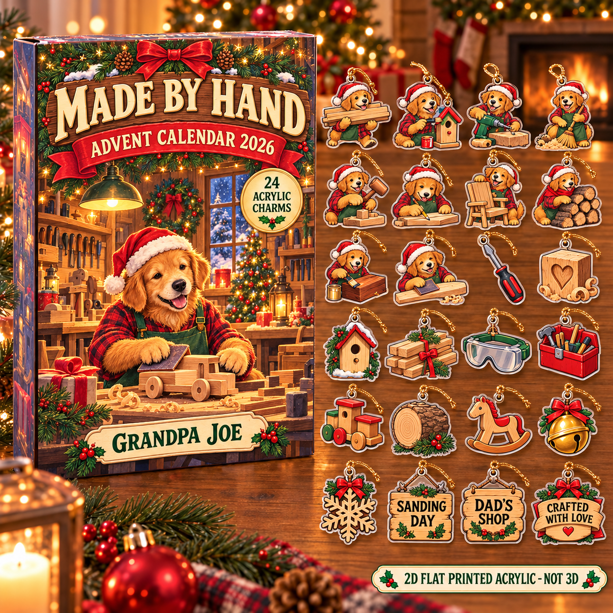 Personalized Woodworker Dog advent calendar box with 24 flat acrylic Christmas charms