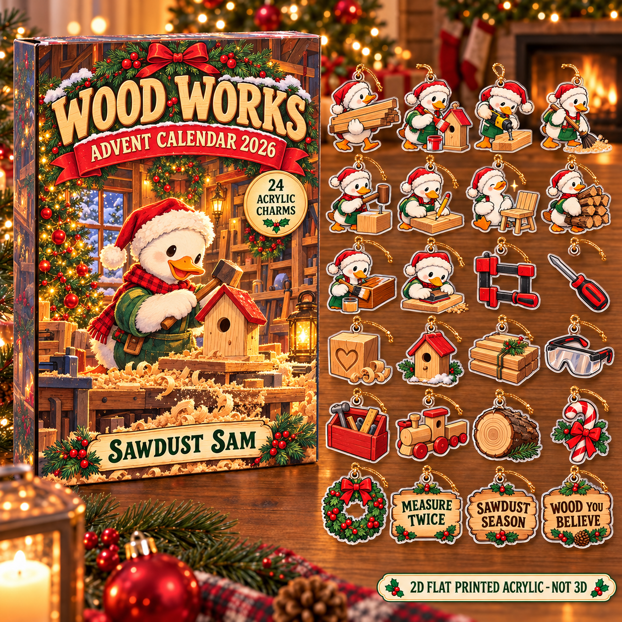 Personalized Woodworker Duck advent calendar box with 24 flat acrylic Christmas charms