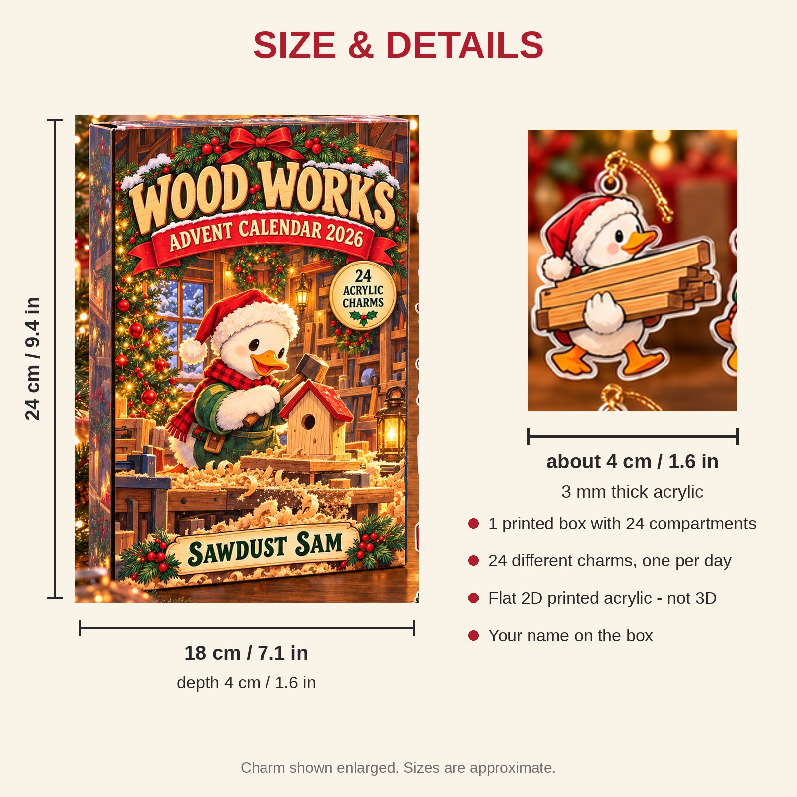 Personalized Woodworker Duck advent calendar box with 24 flat acrylic Christmas charms: box and charm sizes