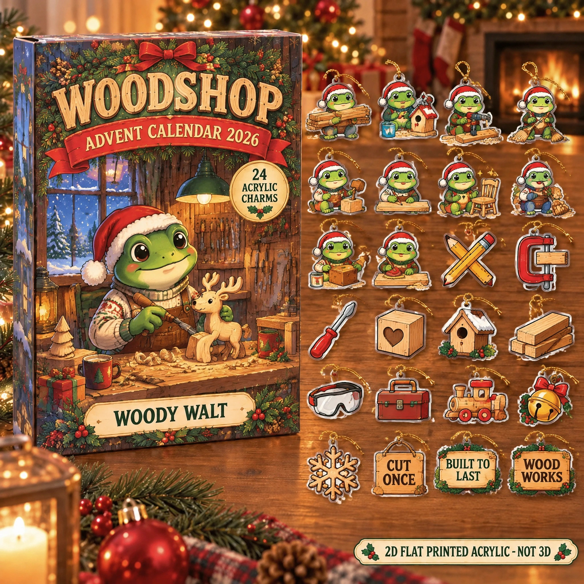 Personalized Woodworker Frog advent calendar box with 24 flat acrylic Christmas charms