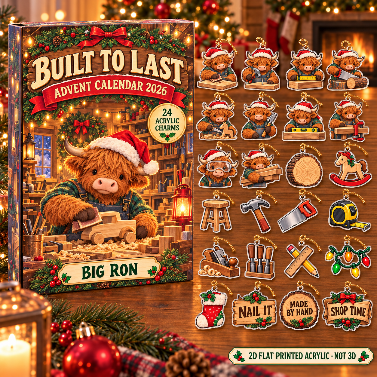 Personalized Woodworker Highland Cow advent calendar box with 24 flat acrylic Christmas charms