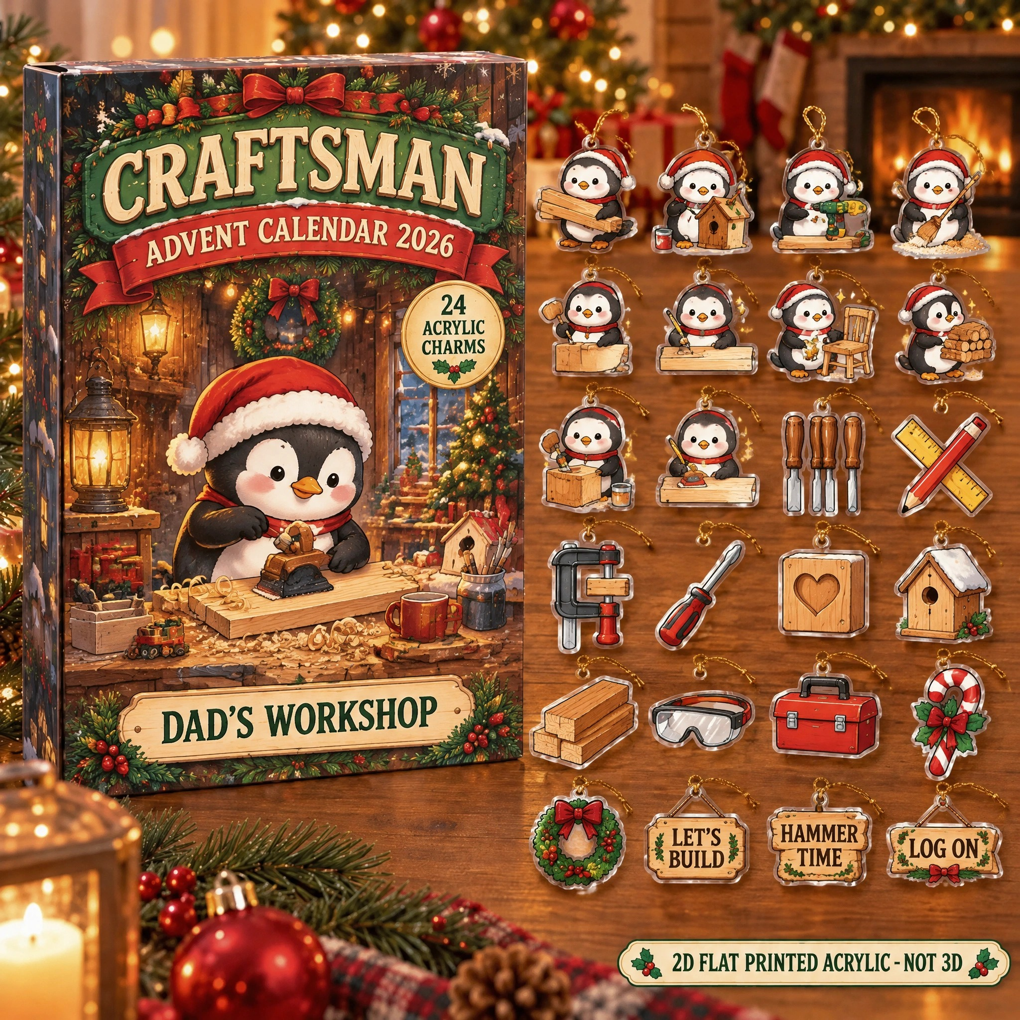 Personalized Woodworker Penguin advent calendar box with 24 flat acrylic Christmas charms
