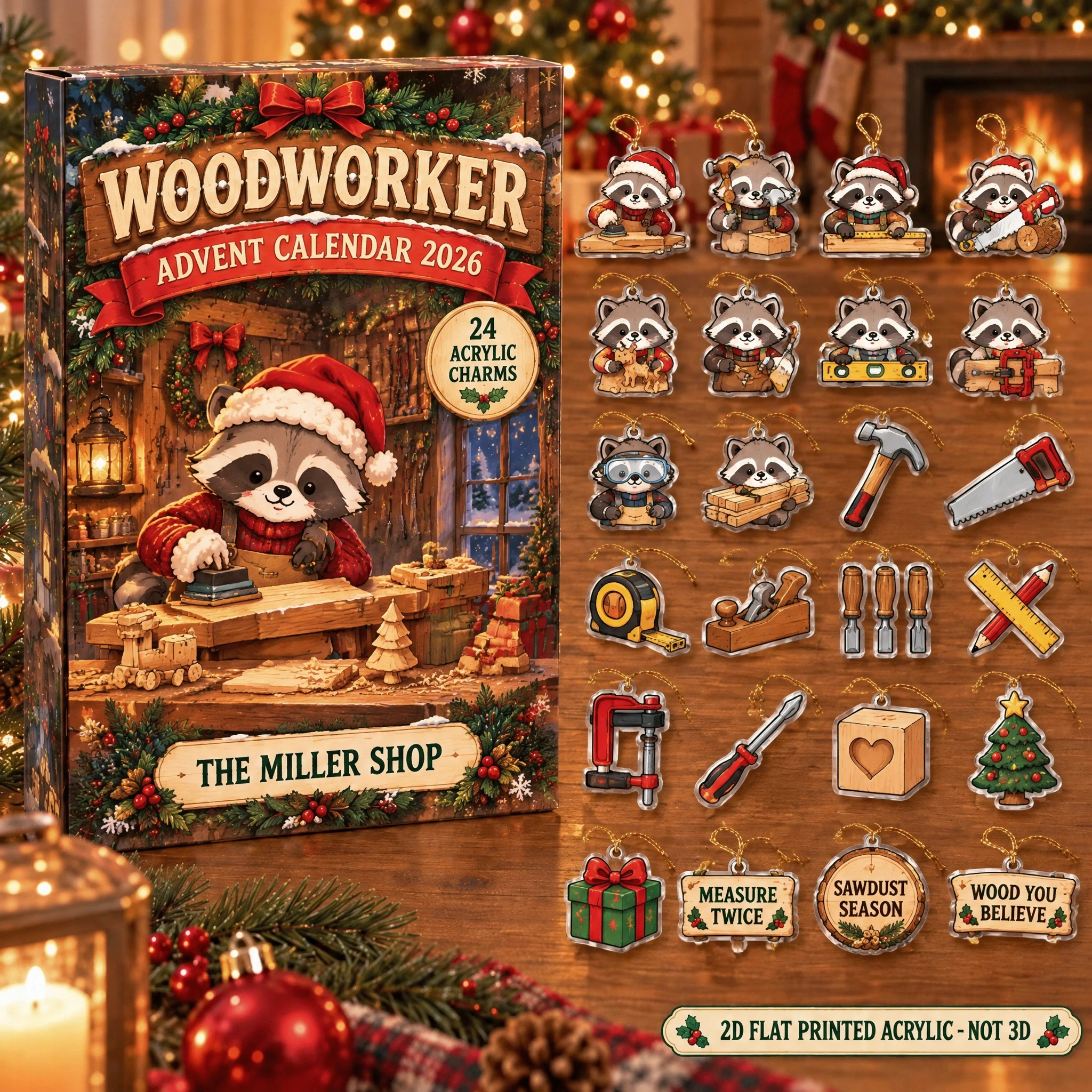 Personalized Woodworker Raccoon advent calendar box with 24 flat acrylic Christmas charms