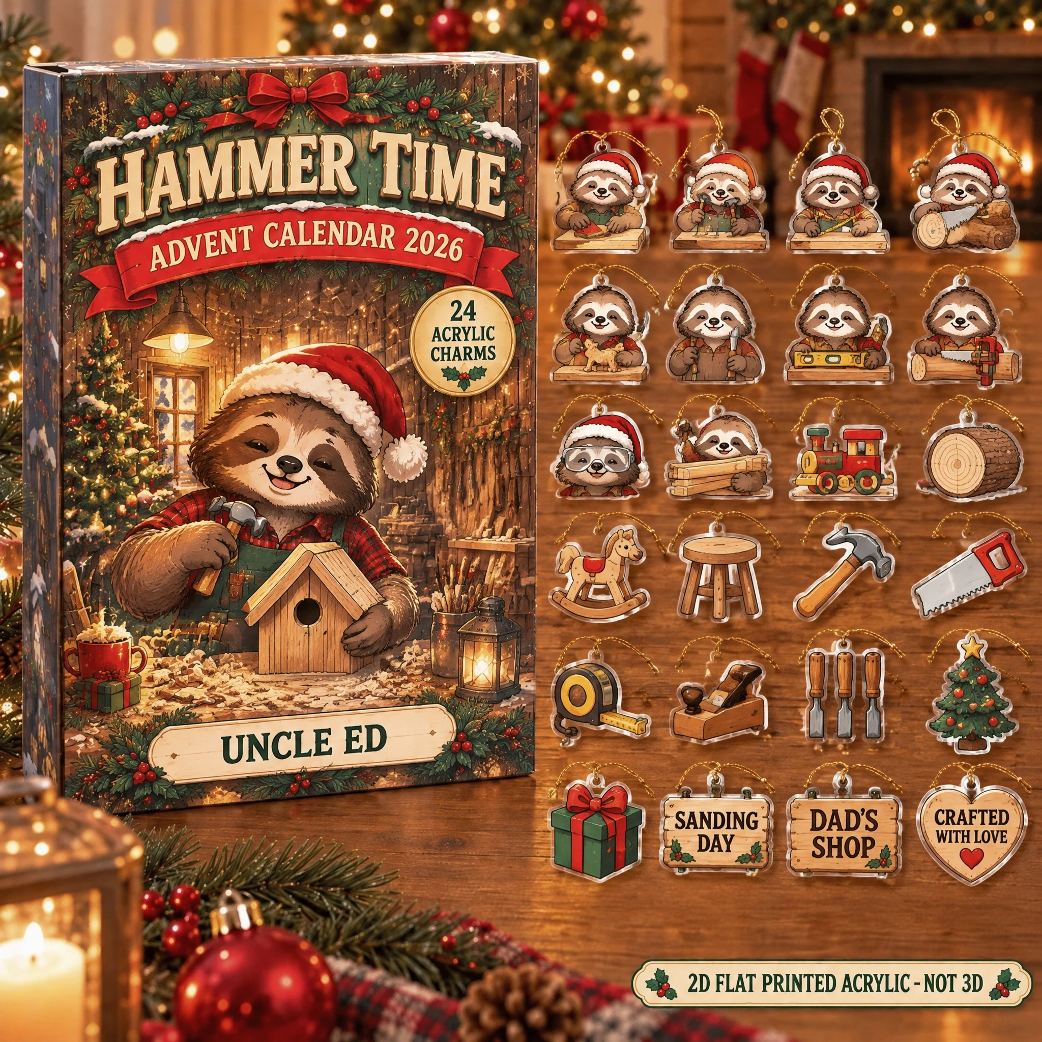 Personalized Woodworker Sloth advent calendar box with 24 flat acrylic Christmas charms