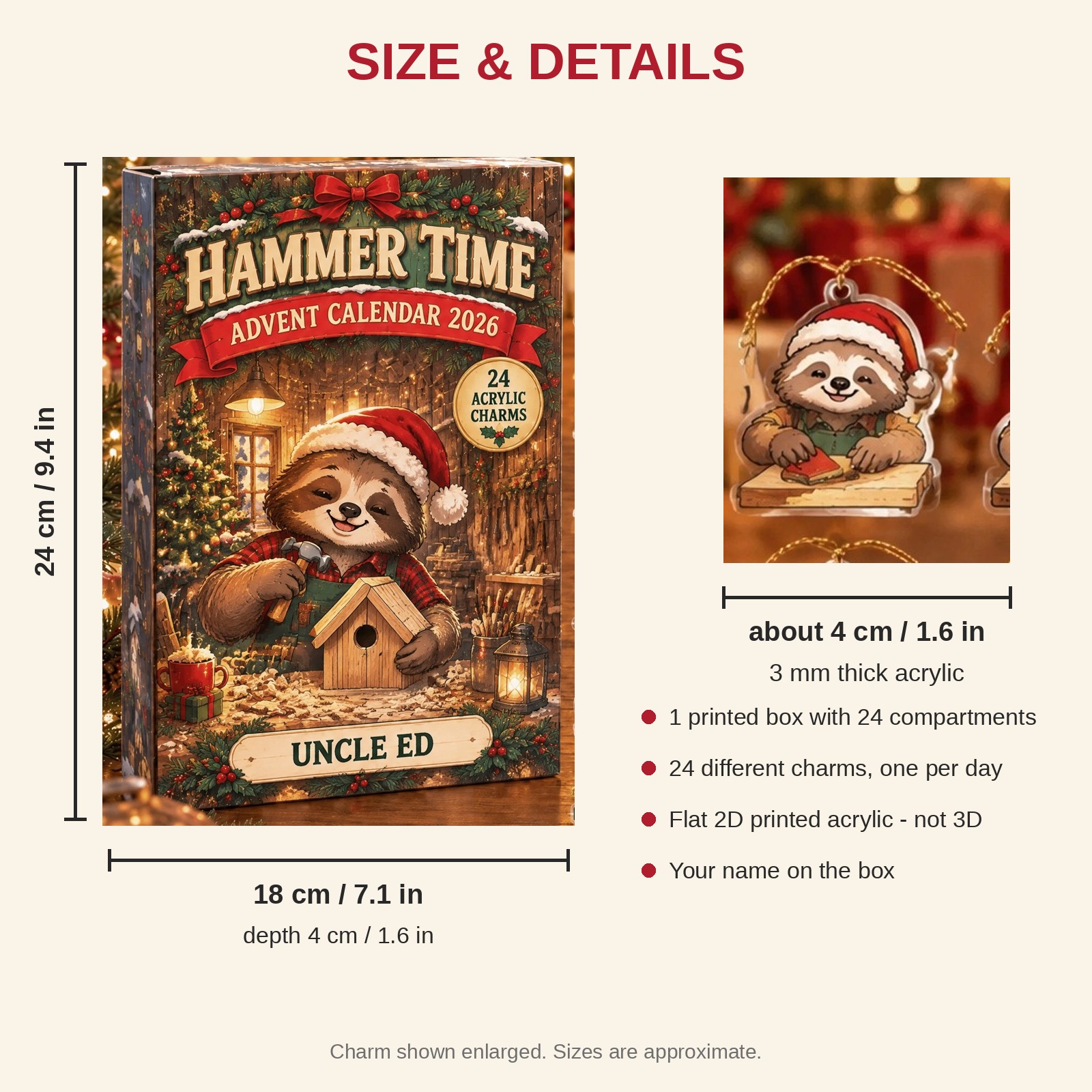 Personalized Woodworker Sloth advent calendar box with 24 flat acrylic Christmas charms: box and charm sizes
