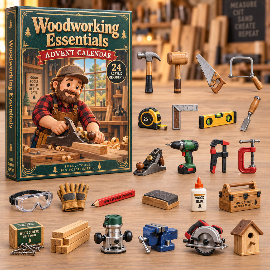 Woodworking Essentials advent calendar box with 24 acrylic Christmas charms