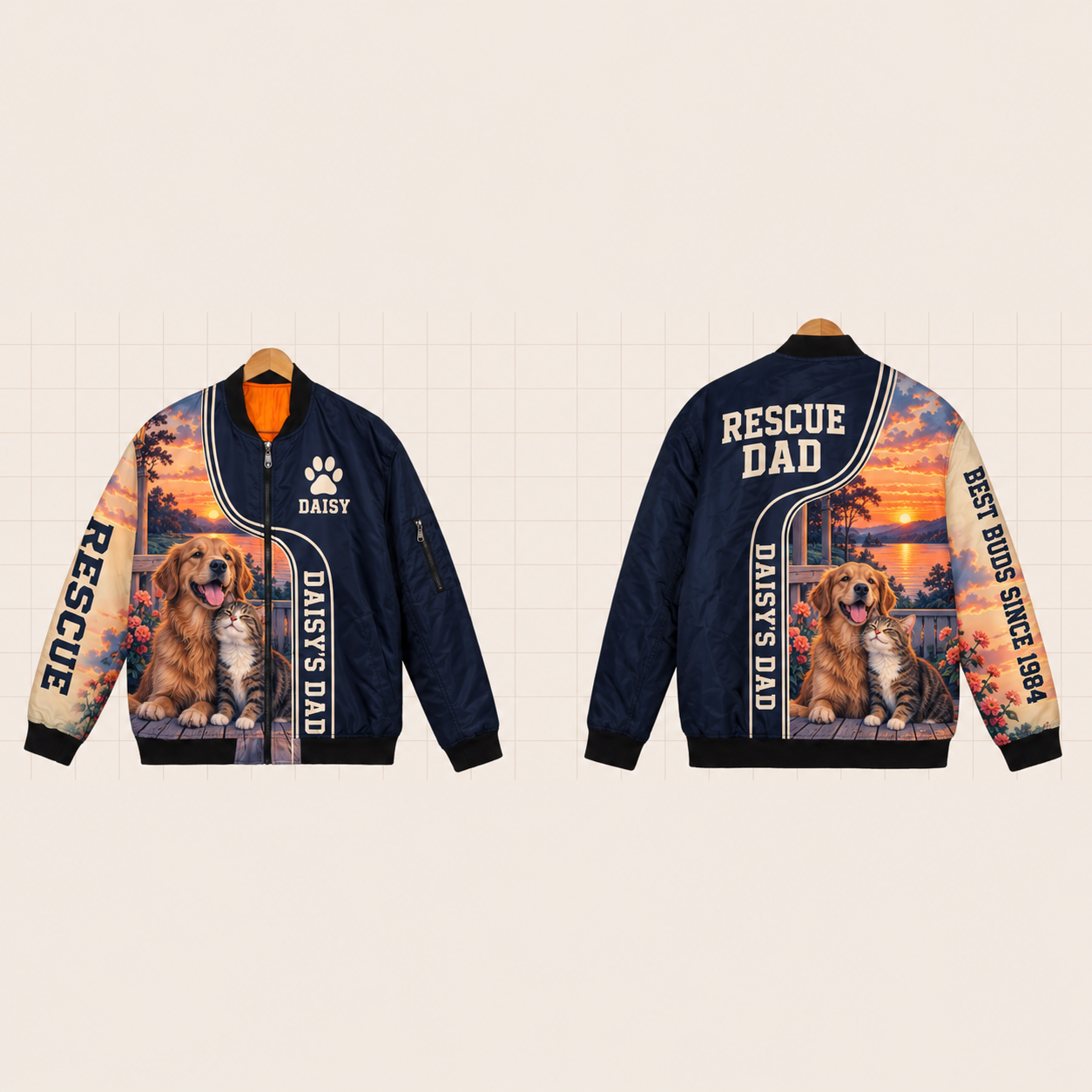 All-Over Print Bomber Jacket personalized with "Rescue Dad" and house with paw artwork on the back