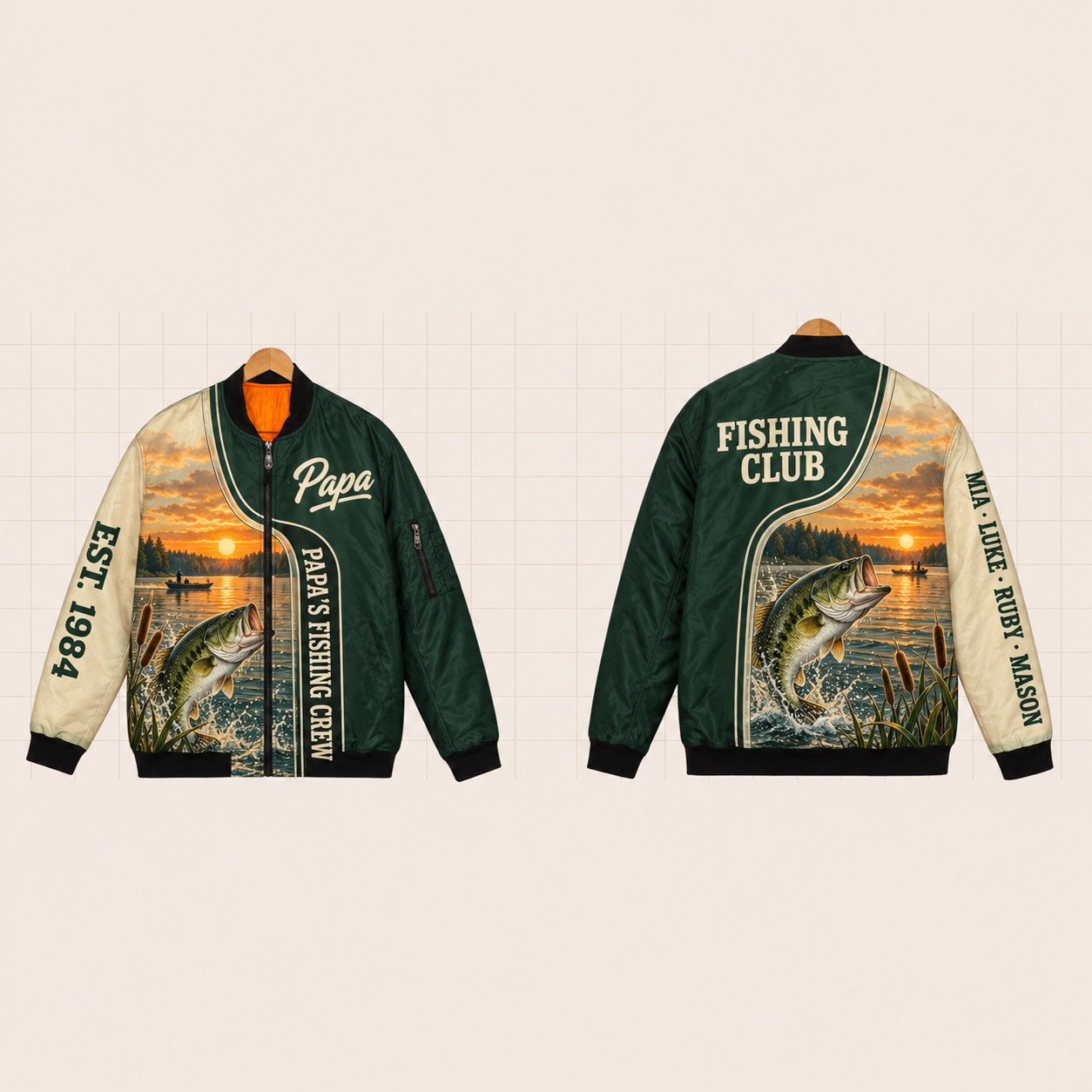 All-Over Print Bomber Jacket personalized with "Papa's Fishing Crew" and fishing hook artwork on the back