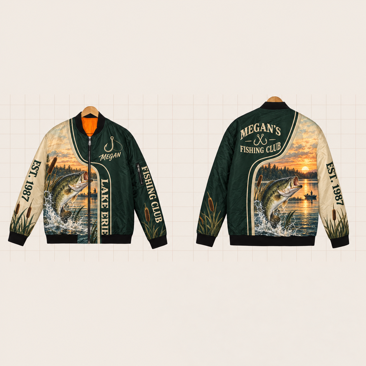 All-Over Print Bomber Jacket personalized with "Lake Erie Fishing Club" and fishing hook artwork on the back