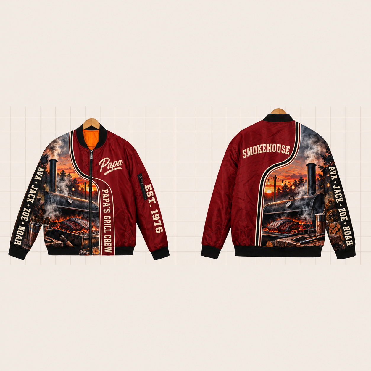 All-Over Print Bomber Jacket personalized with "Papa's Grill Crew" and flame artwork on the back