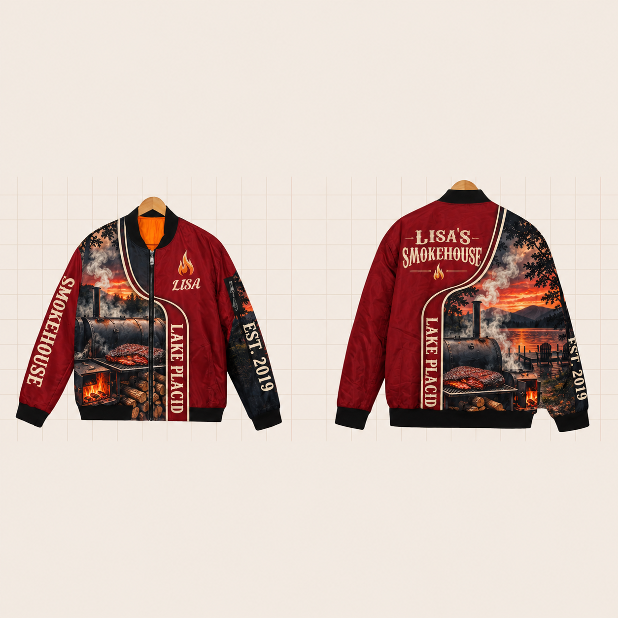 All-Over Print Bomber Jacket personalized with "Lake Placid Smokehouse" and flame artwork on the back