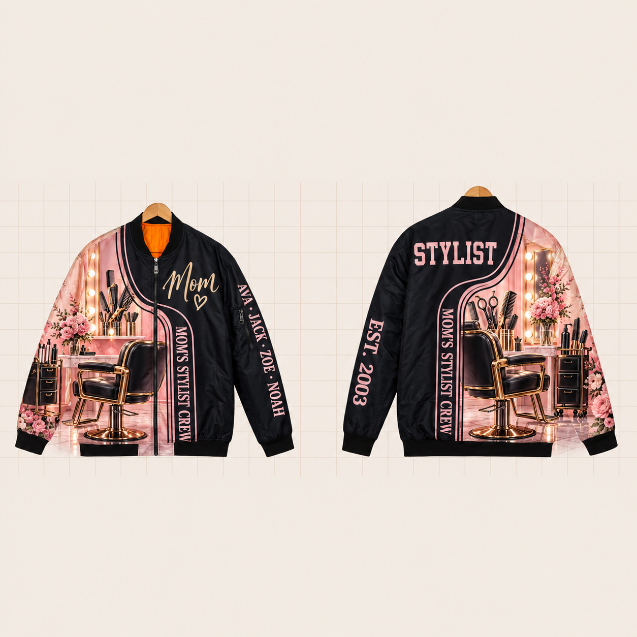 All-Over Print Bomber Jacket personalized with "Mom's Stylist Crew" and nail polish bottle artwork on the back