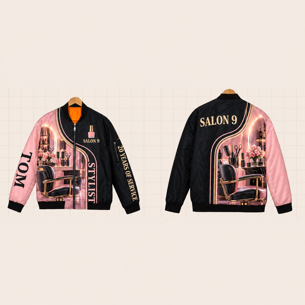 All-Over Print Bomber Jacket personalized with "Stylist Salon 9 20 Years" and nail polish bottle artwork on the back