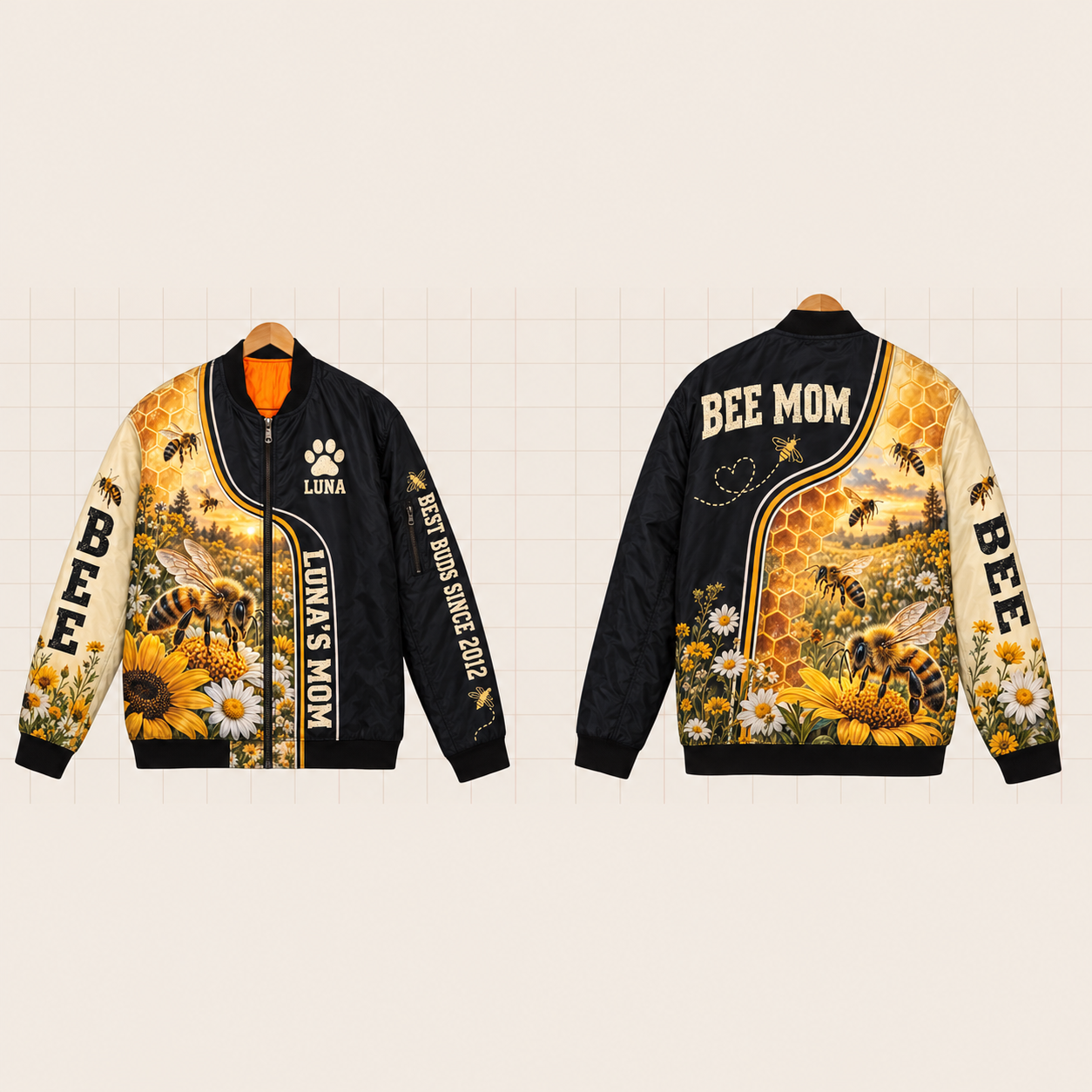 All-Over Print Bomber Jacket personalized with "Bee Mom" and honeycomb hexagon artwork on the back