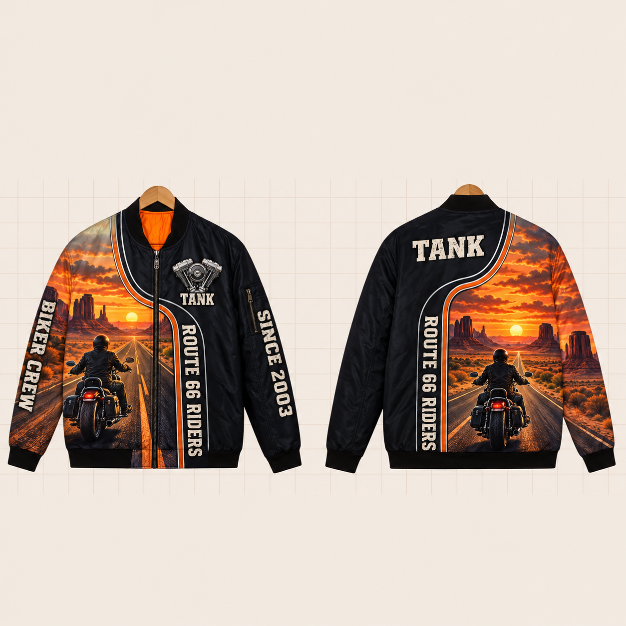 All-Over Print Bomber Jacket personalized with "Route 66 Riders Biker" and v-twin engine artwork on the back