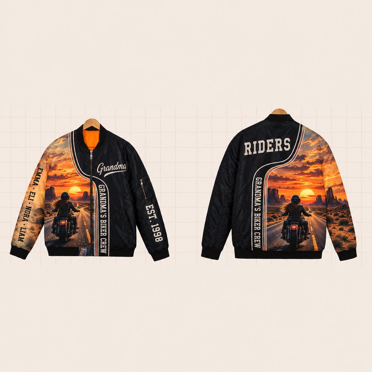 All-Over Print Bomber Jacket personalized with "Grandma's Biker Crew" and v-twin engine artwork on the back