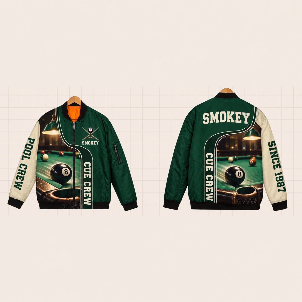 All-Over Print Bomber Jacket personalized with "Cue Crew Pool" and crossed cues artwork on the back