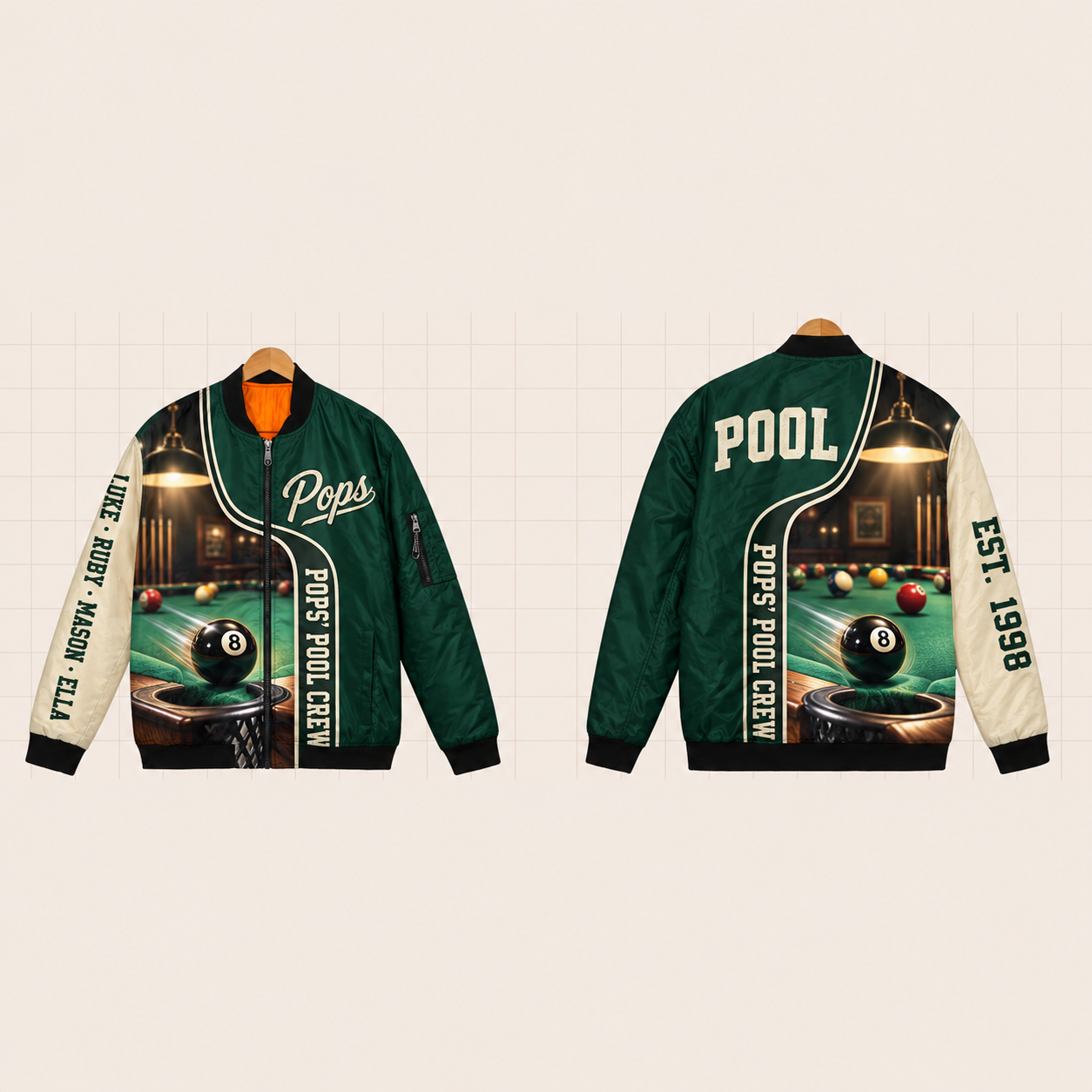 All-Over Print Bomber Jacket personalized with "Pops' Pool Crew" and crossed cues artwork on the back