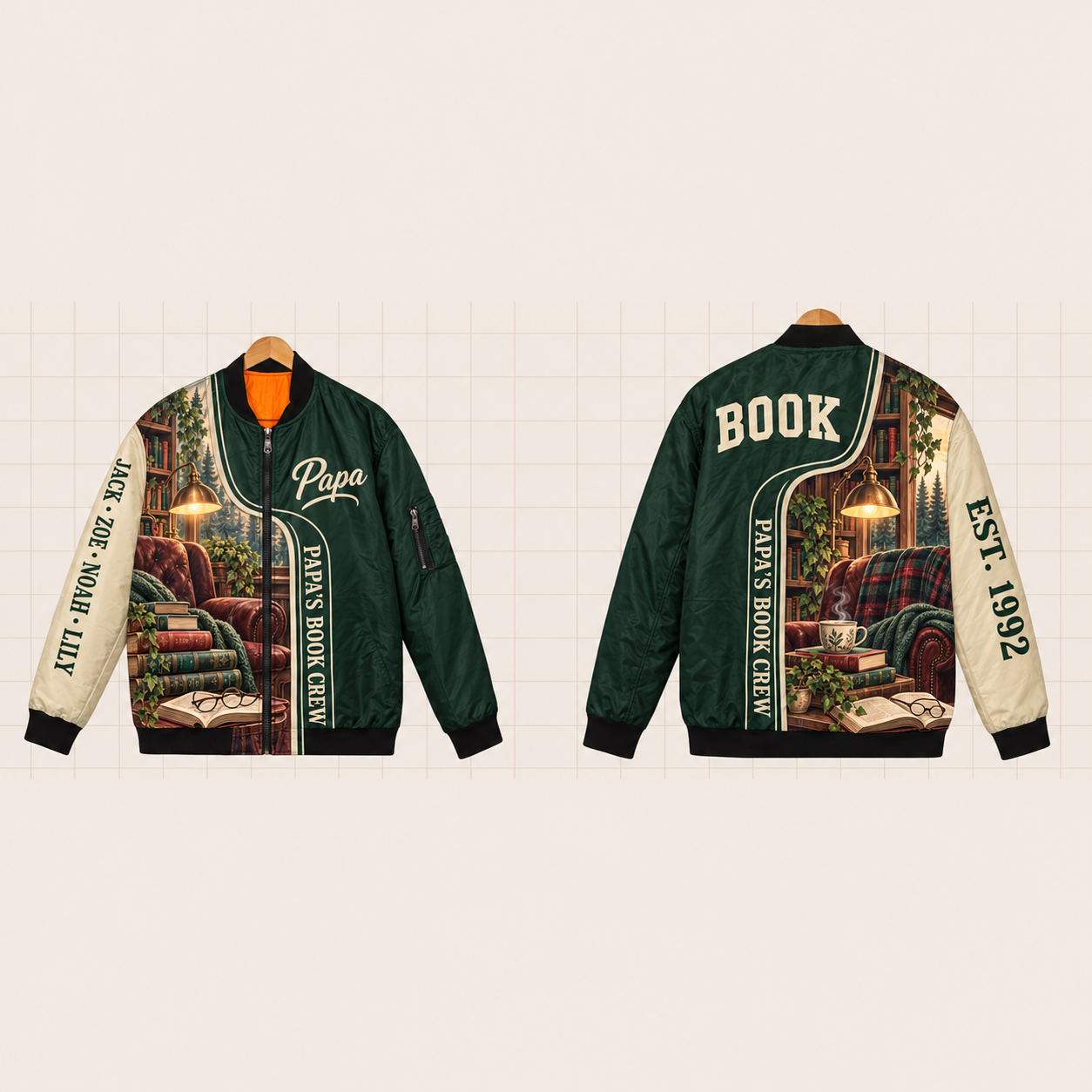 All-Over Print Bomber Jacket personalized with "Papa's Book Crew" and stack of books artwork on the back