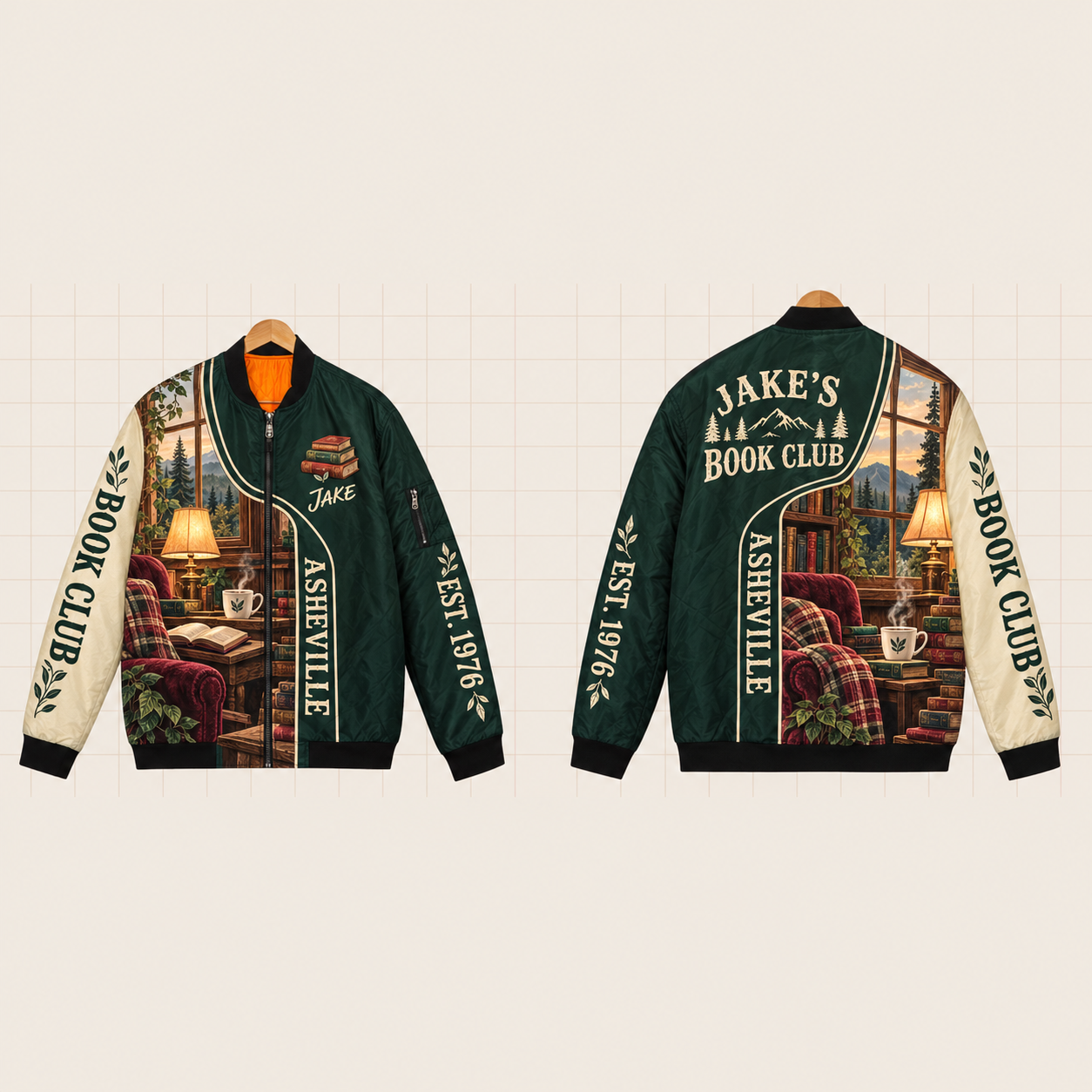 All-Over Print Bomber Jacket personalized with "Asheville Book Club" and stack of books artwork on the back