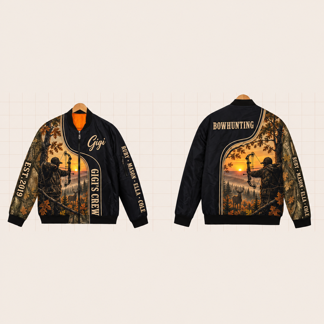 All-Over Print Bomber Jacket personalized with "Gigi's Bowhunting Crew" and crossed arrows artwork on the back