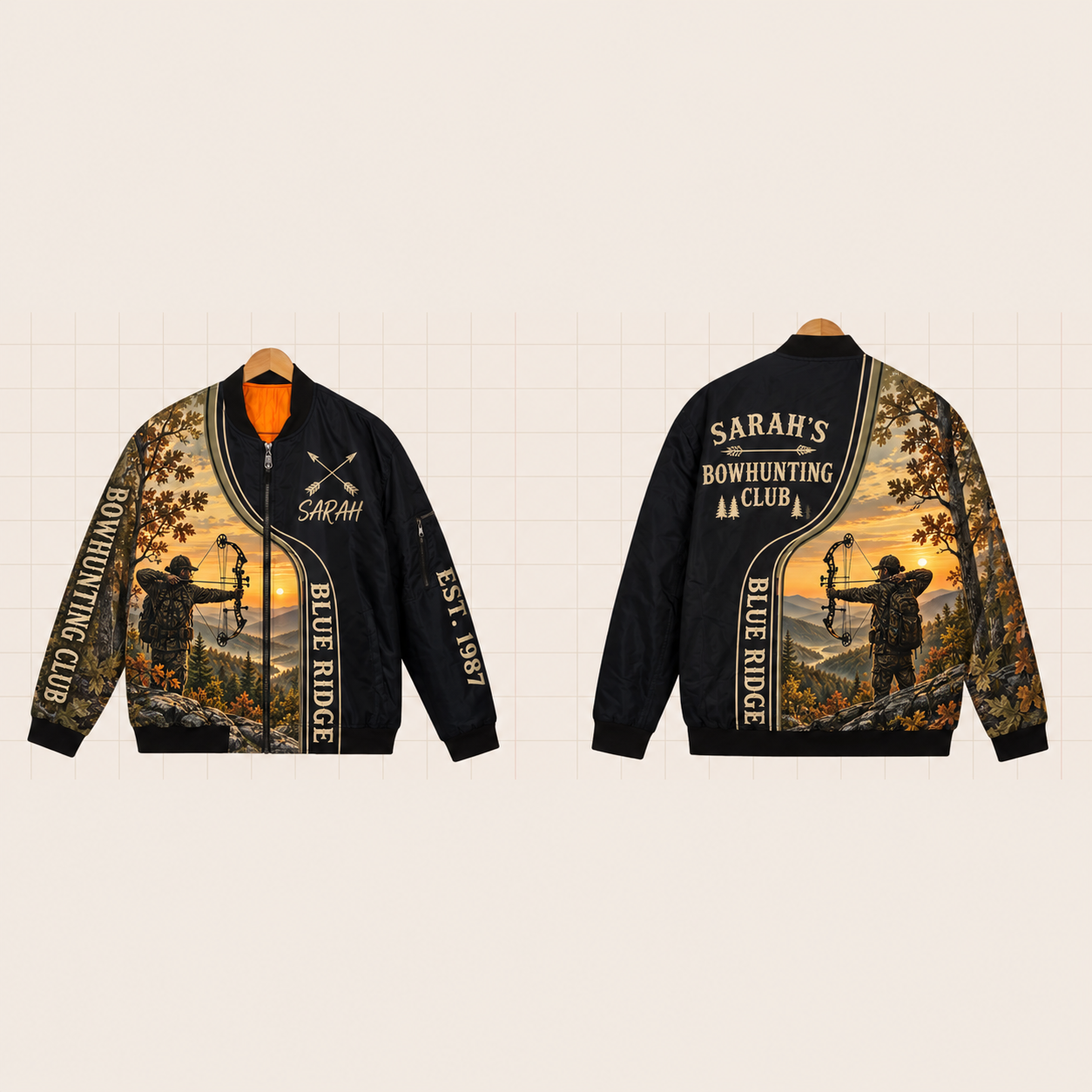 All-Over Print Bomber Jacket personalized with "Blue Ridge Bowhunting Club" and crossed arrows artwork on the back