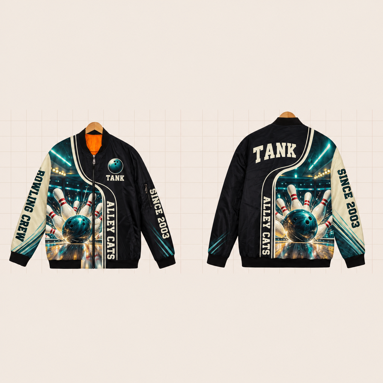 All-Over Print Bomber Jacket personalized with "Alley Cats Bowling" and bowling ball artwork on the back