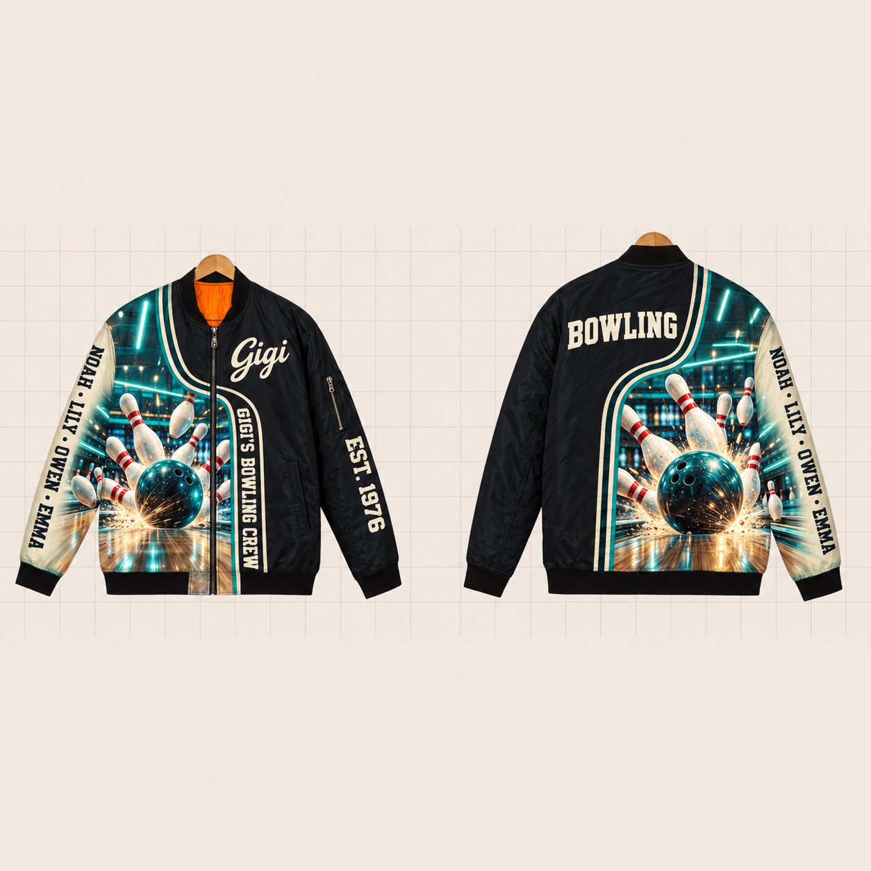 All-Over Print Bomber Jacket personalized with "Gigi's Bowling Crew" and bowling ball artwork on the back