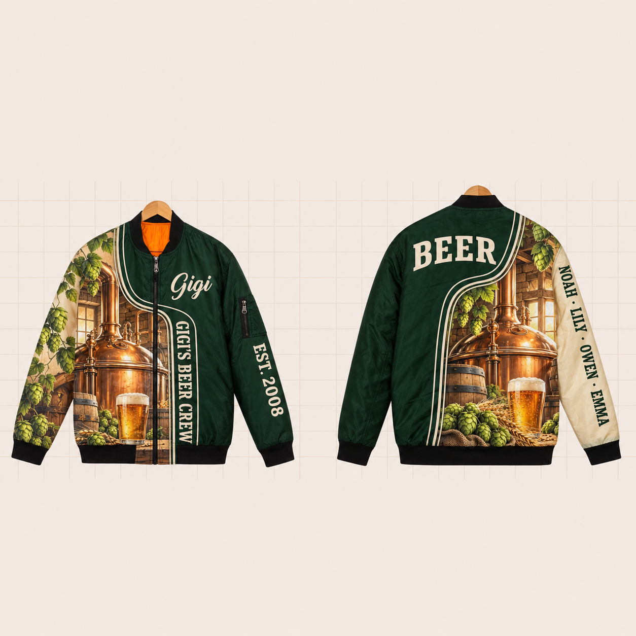 All-Over Print Bomber Jacket personalized with "Gigi's Beer Crew" and beer mug artwork on the back