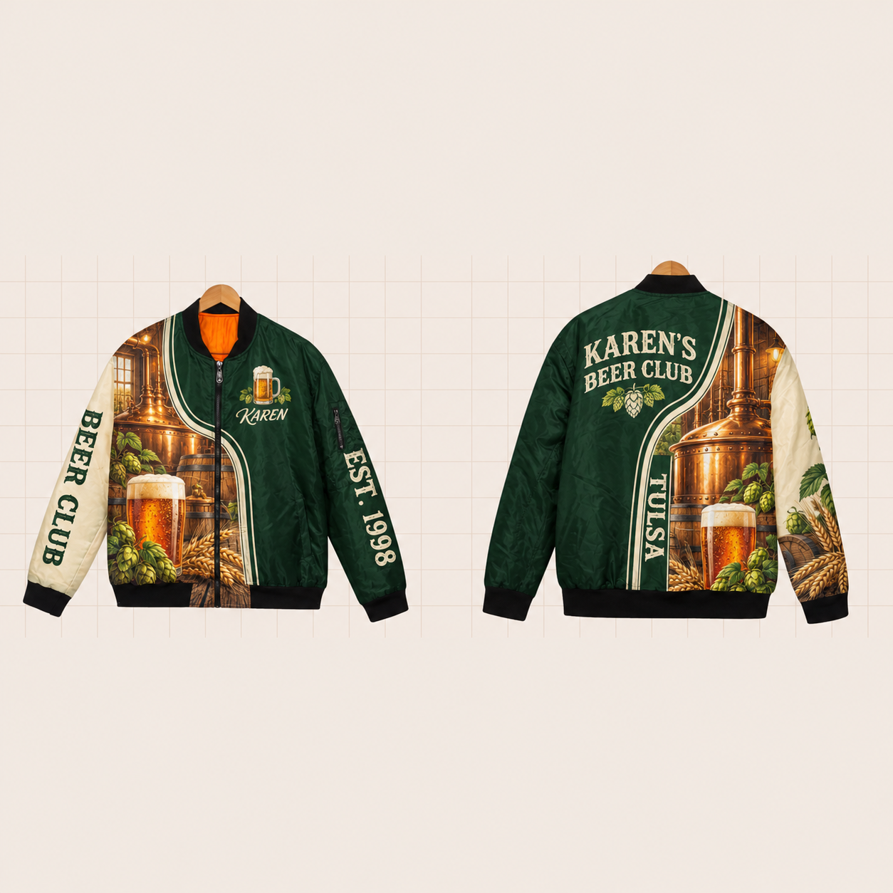 All-Over Print Bomber Jacket personalized with "Tulsa Beer Club" and beer mug artwork on the back