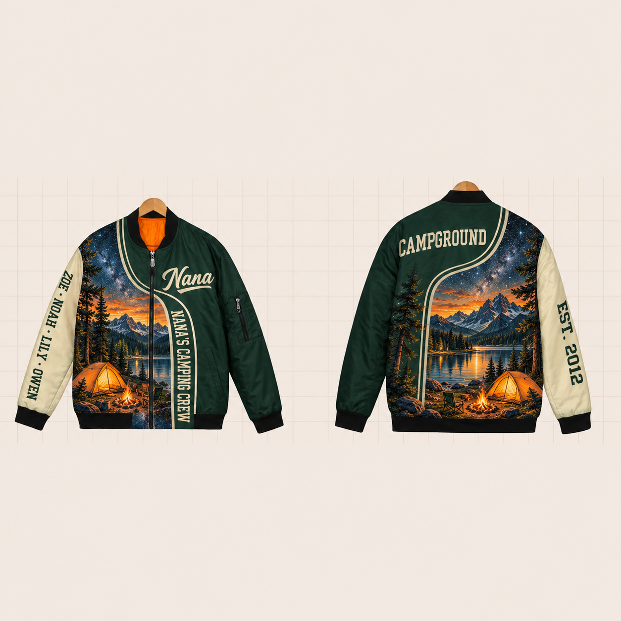 All-Over Print Bomber Jacket personalized with "Nana's Camping Crew" and campfire artwork on the back
