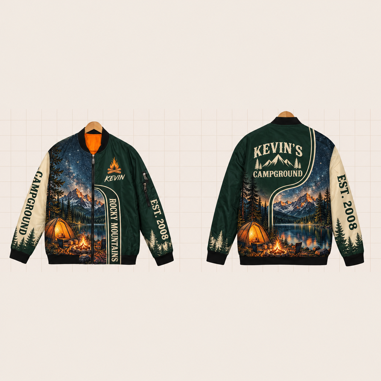 All-Over Print Bomber Jacket personalized with "Rocky Mountains Campground" and campfire artwork on the back