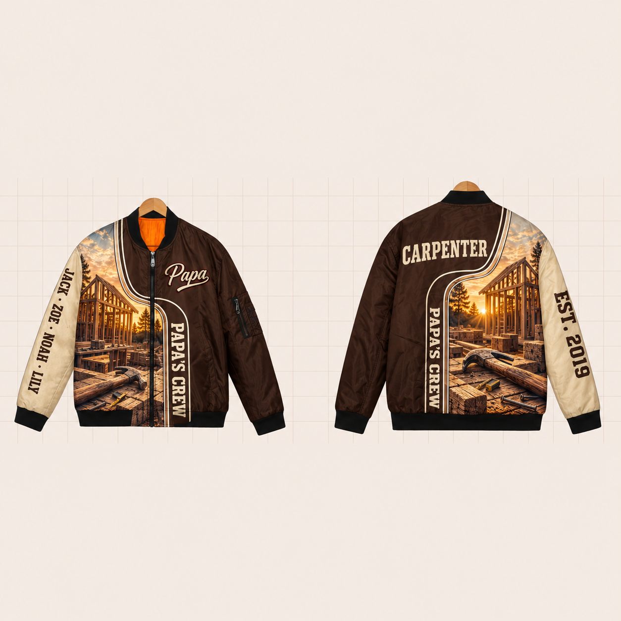 All-Over Print Bomber Jacket personalized with "Papa's Carpenter Crew" and square artwork on the back