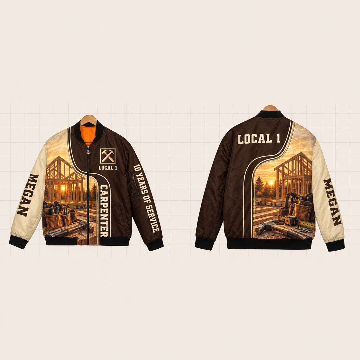 All-Over Print Bomber Jacket personalized with "Carpenter Local 1 10 Years" and square artwork on the back