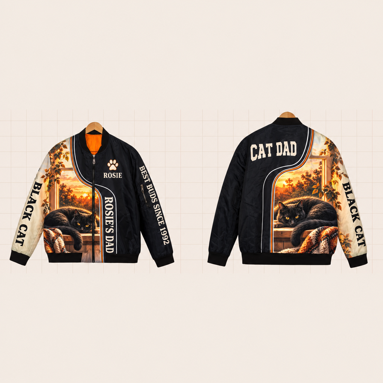 All-Over Print Bomber Jacket personalized with "Black Cat Dad" and paw print artwork on the back