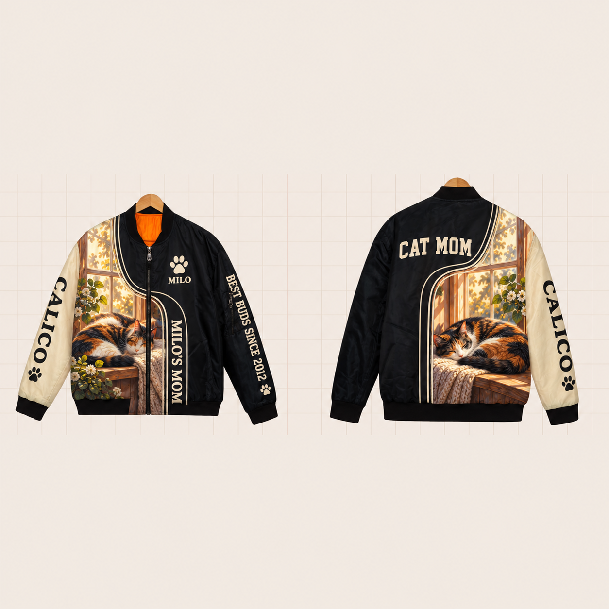 All-Over Print Bomber Jacket personalized with "Calico Mom" and paw print artwork on the back